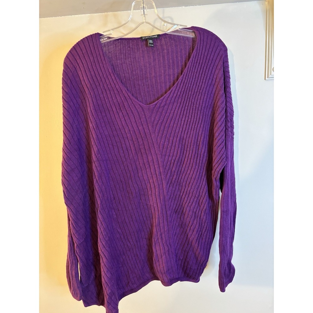 EILLEN FISHER Purple Lyocell Cotton Silk V Neck Sweater XL Ribbed Lagenlook